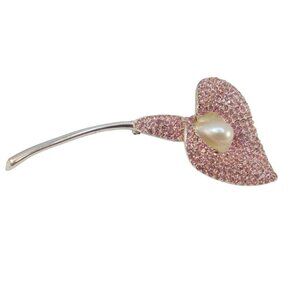 Vintage Napier Pink Rhinestone Faux Pearl Calla Lily Brooch